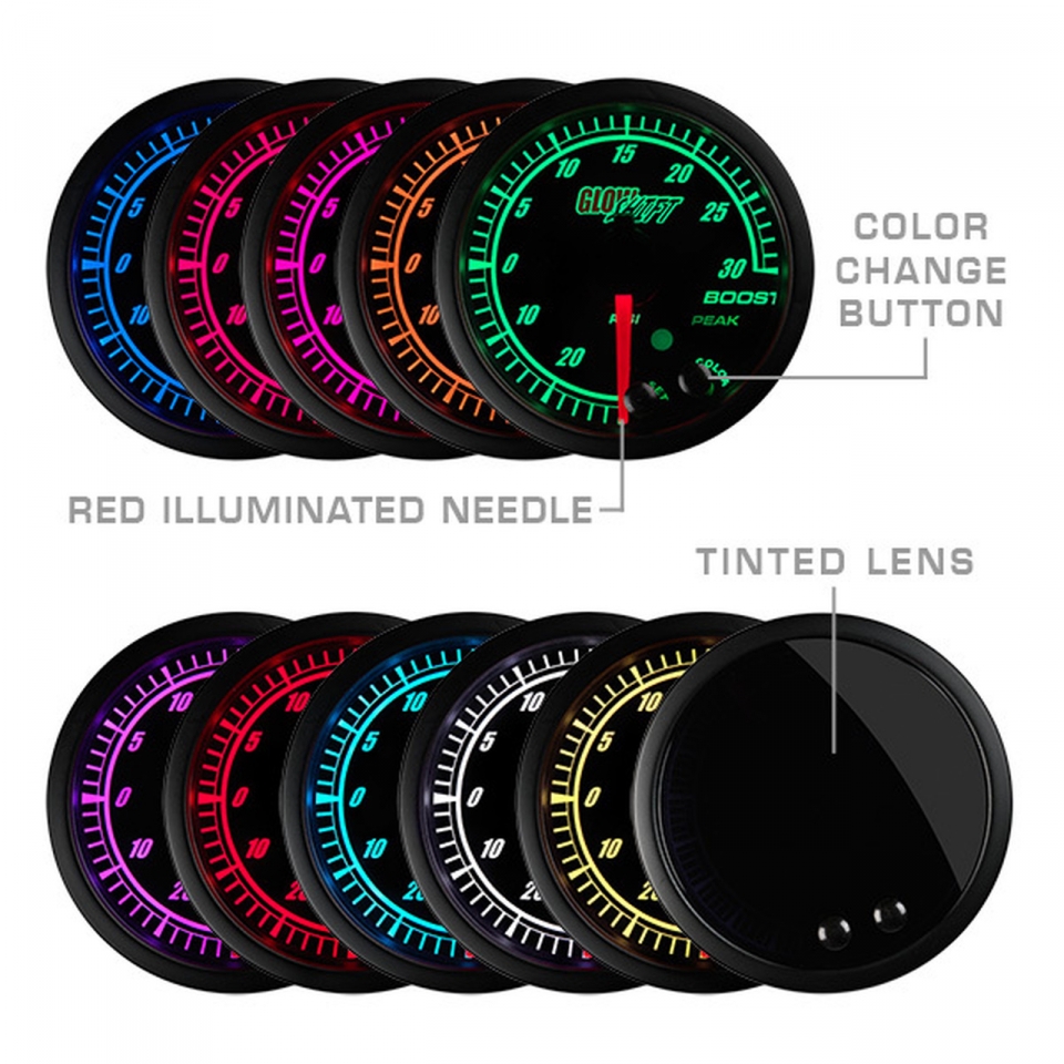 Tinted Lens 52mm 2-1/16 for Car & Truck Multi-Color LED Display GlowShift 10 Color Digital 30 PSI Boost/Vacuum Gauge Kit Includes Electronic Pressure Sensor 